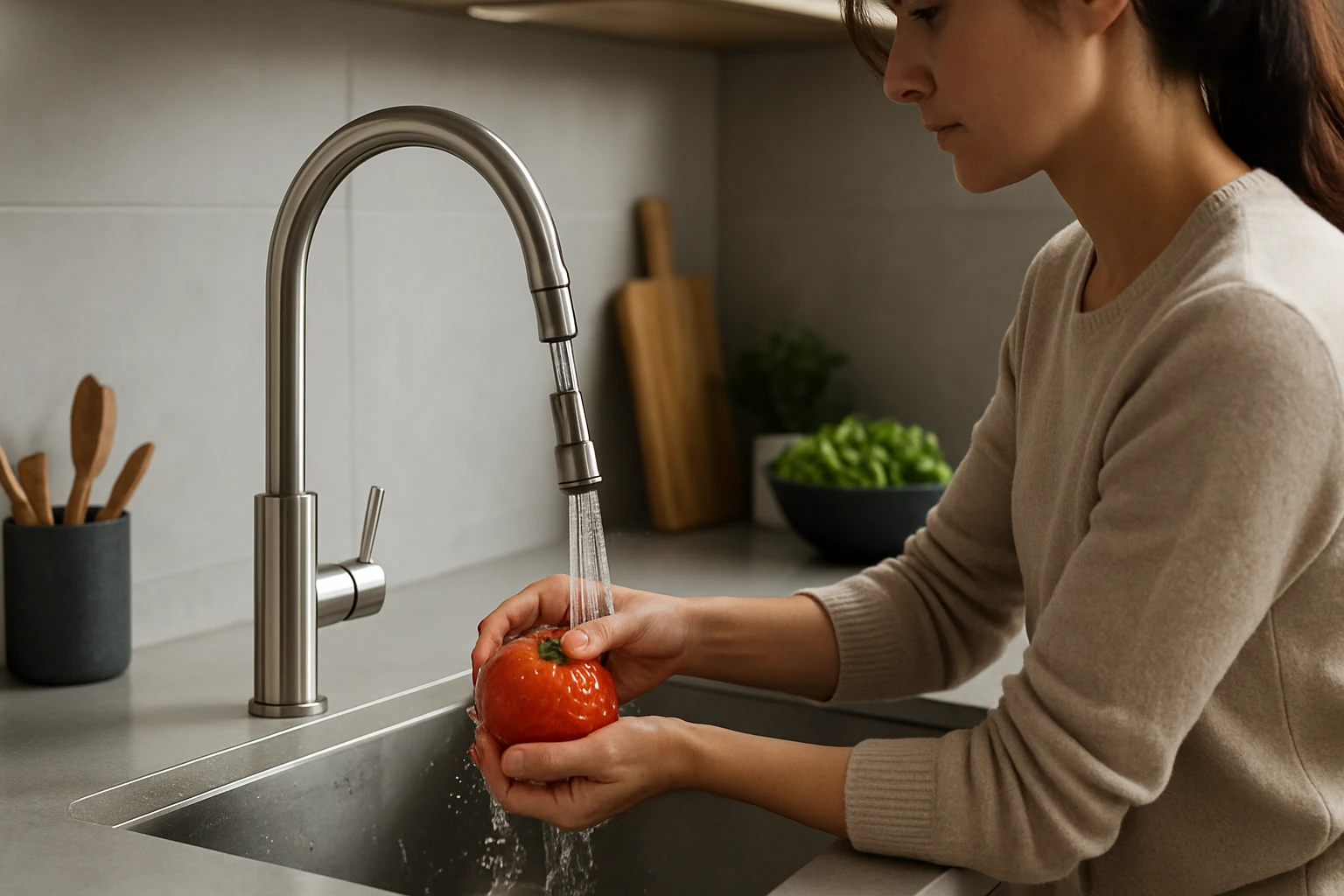 Žena umýva rajčinami pod moderným kuchynským kohútikom.