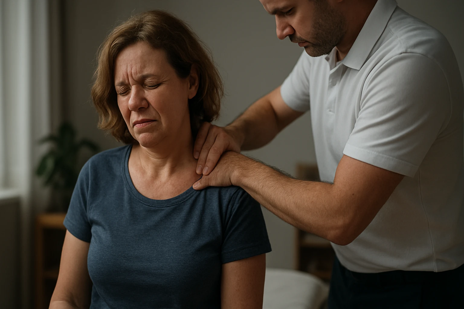 Žena zažíva nepohodlie počas terapie s odborníkom, ktorý sa snaží pomôcť.