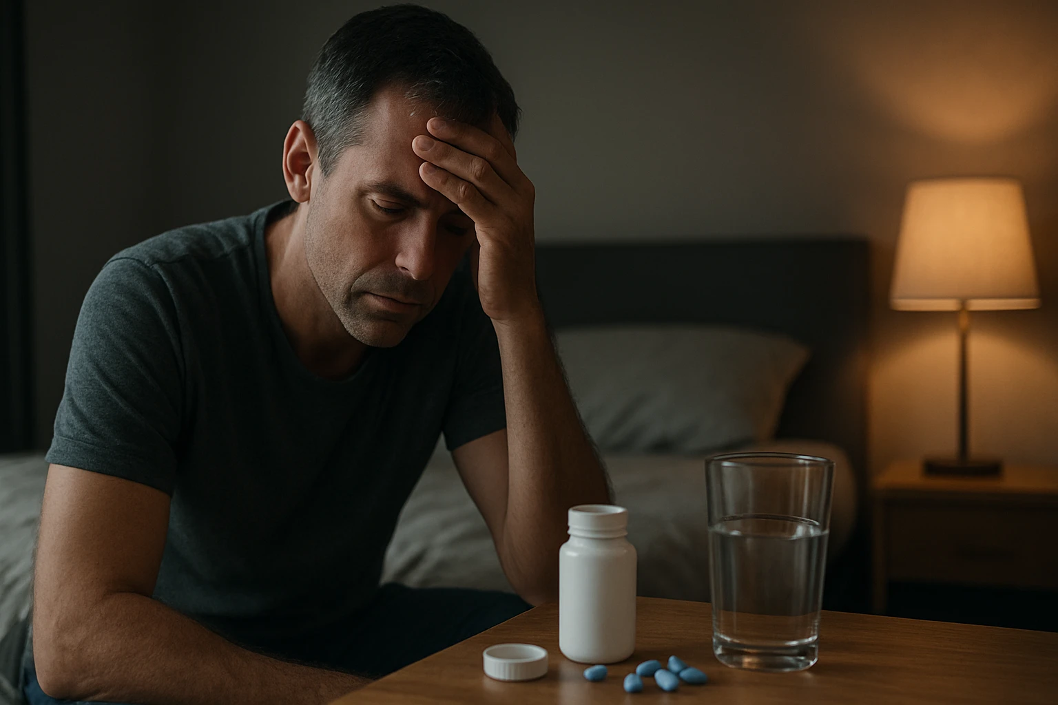 Muž s problémami so zdravím sedí pri stole s liekmi a vodou