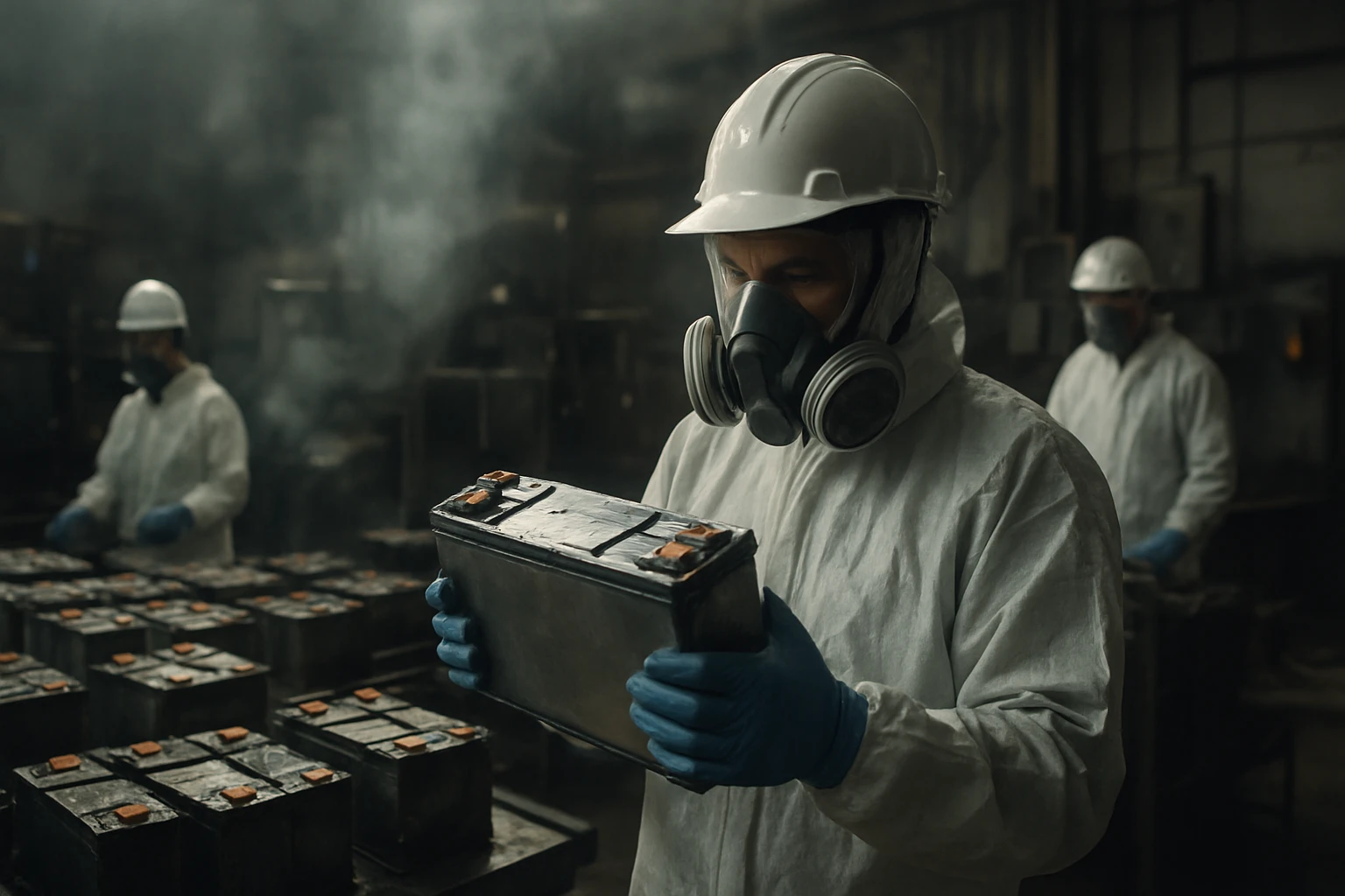 Pracovník vo výrobnom závode batérií s ochranným zariadením.