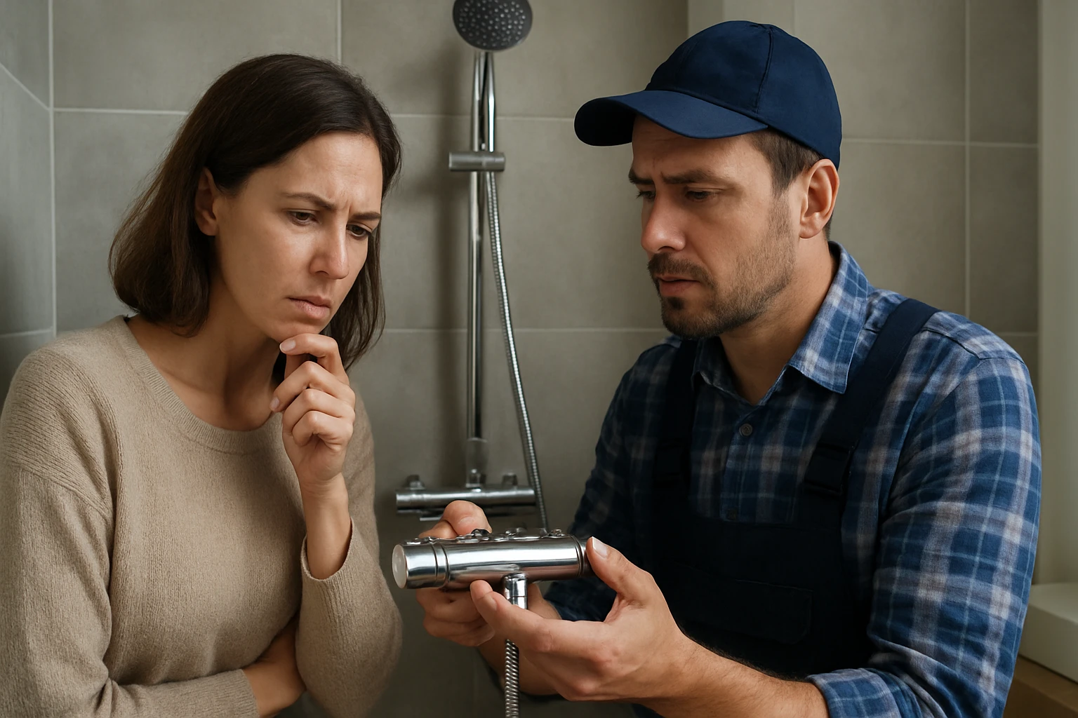 Inštalácia termostatickej batérie s prievodcom a zákazníkom v kúpeľni.