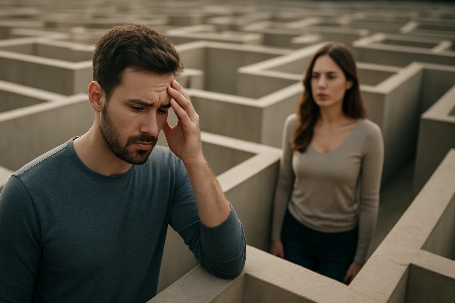 Muž a žena v bludisku, vyjadrujúci emocionálne výzvy vo vzťahu.