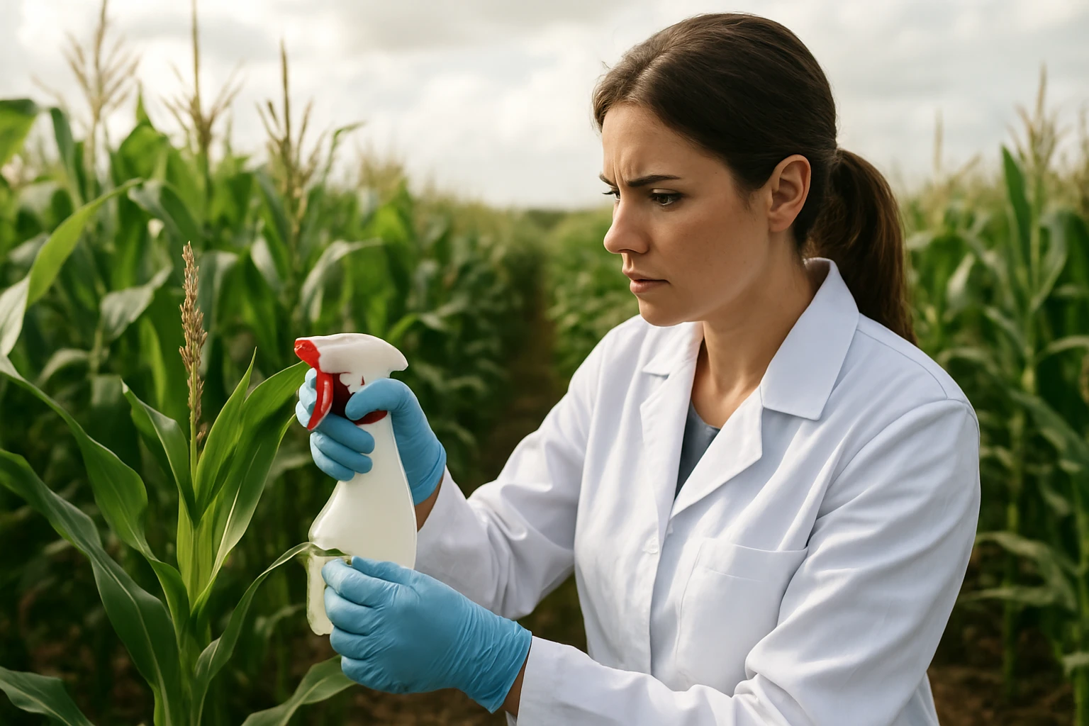 Vedkyňa aplikuje dikambu na rastliny v kukuričnom poli.