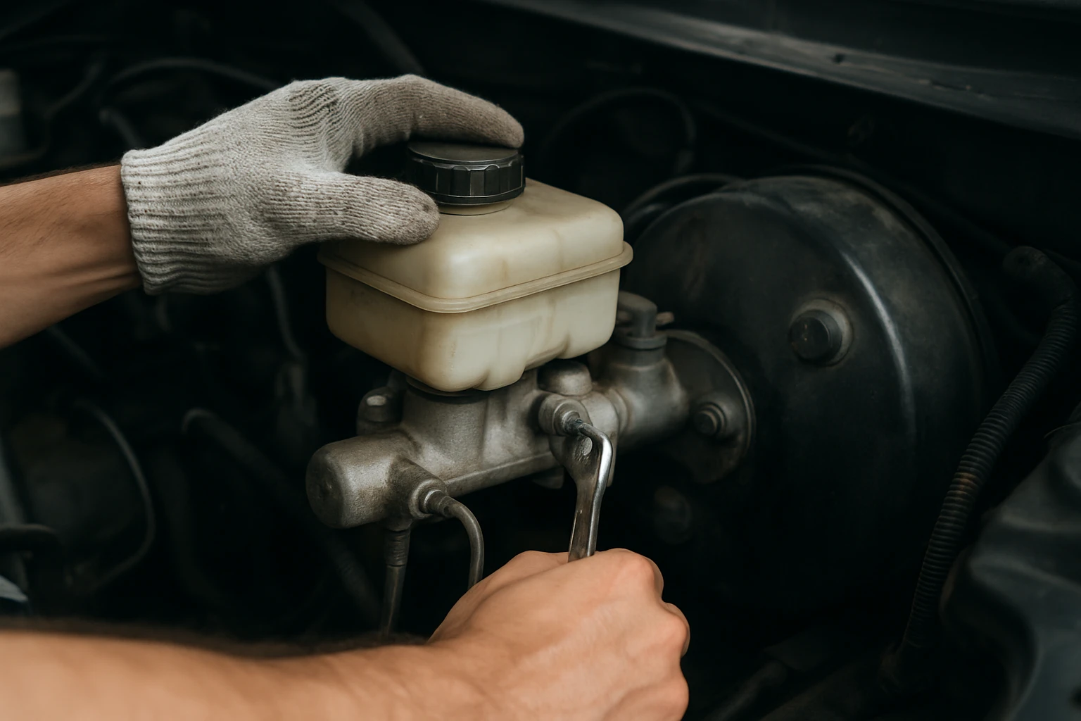 Mechanik kontroluje hlavný brzdový valec v motorovom priestore vozidla.