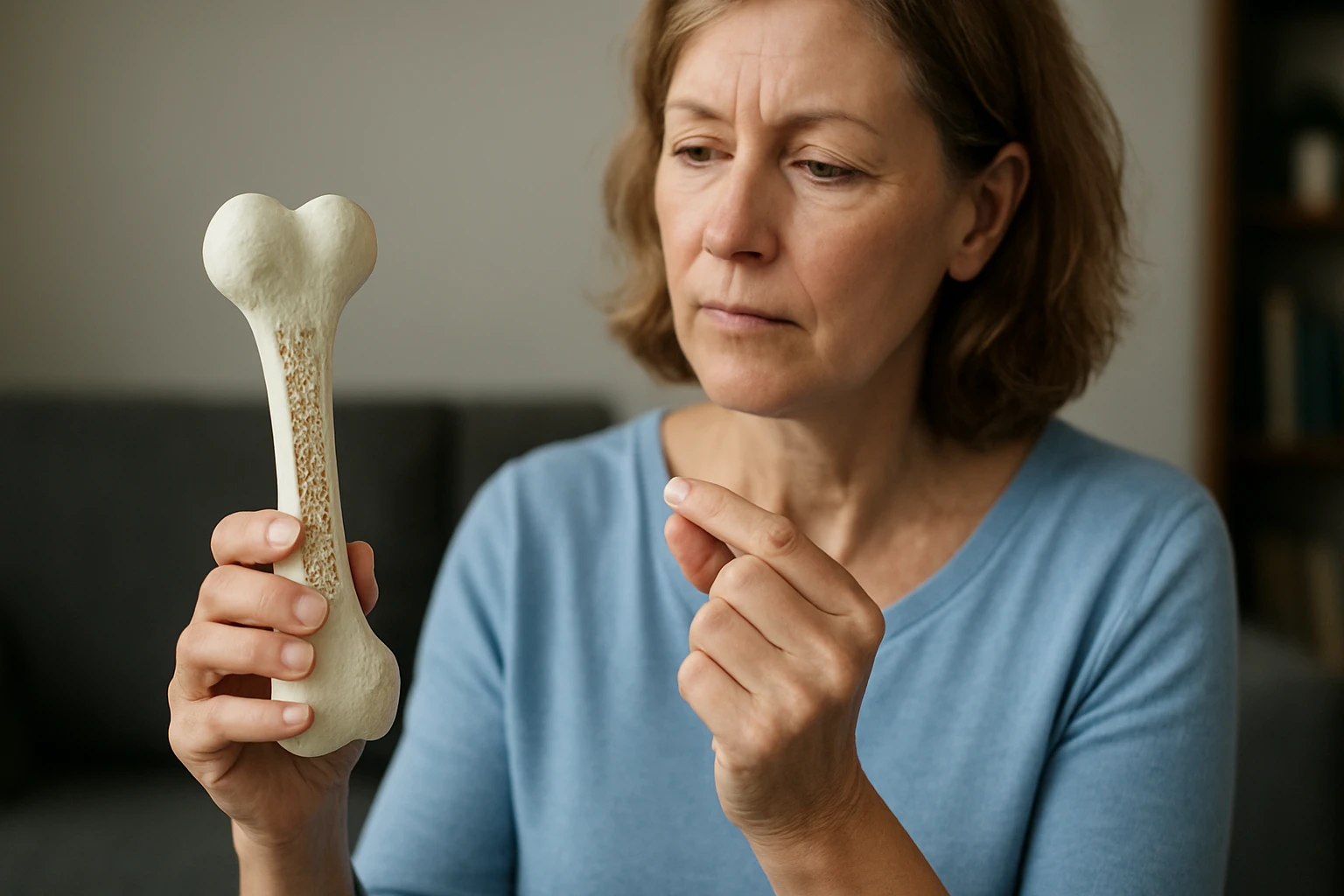 Žena skúma kostnú maketu, symbolizujúcu zdravie kostí a kalcitonín.