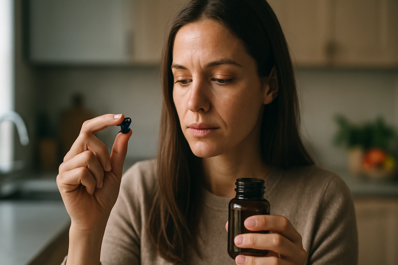 Žena s vitamínom B12 hľadí na kobaltový doplnok