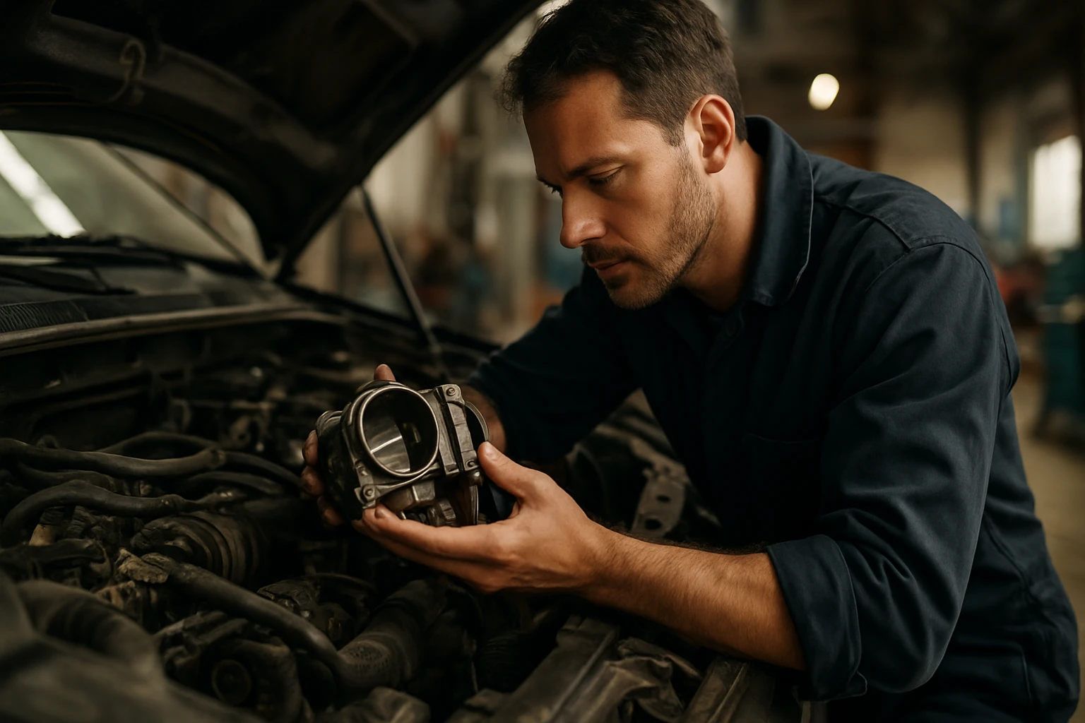 Mechanik kontroluje škrtiacu klapku automobilu pre optimálny výkon