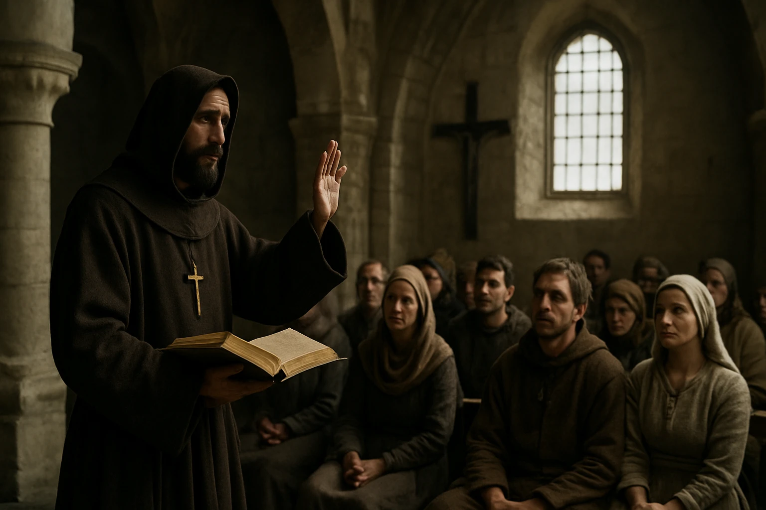 Mních prednáša bohoslužbu v stredovekej kostolnej scéne.