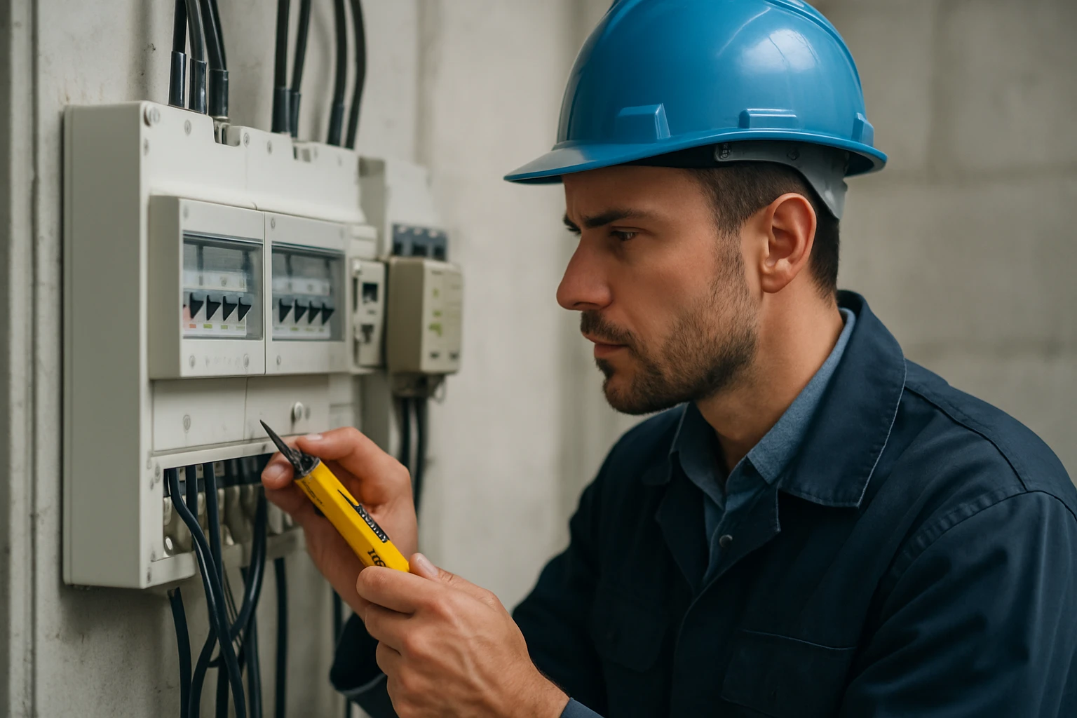 Elektrikár inštaluje prepäťovú ochranu v elektrickej skrini