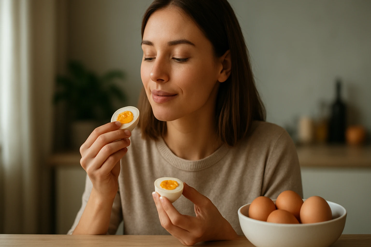 Žena si vychutnáva uvarené vajce, ktoré podporuje zdravie pečene.