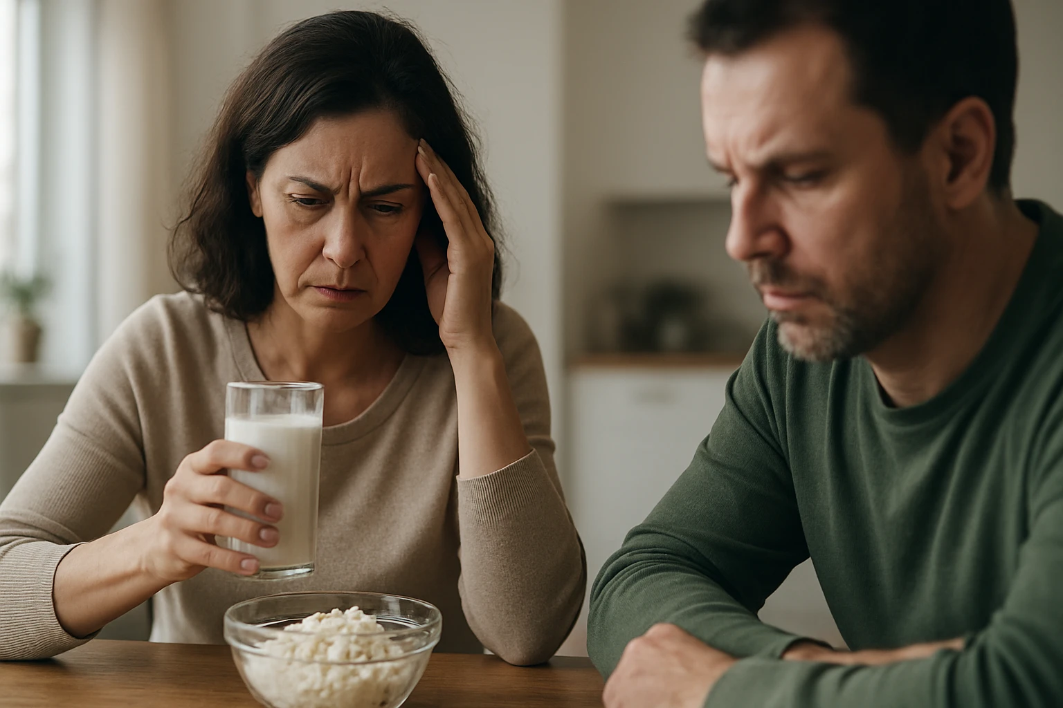 Žena s mliekom a muž v pozadí, vyjadrujúci obavy o zdravie.
