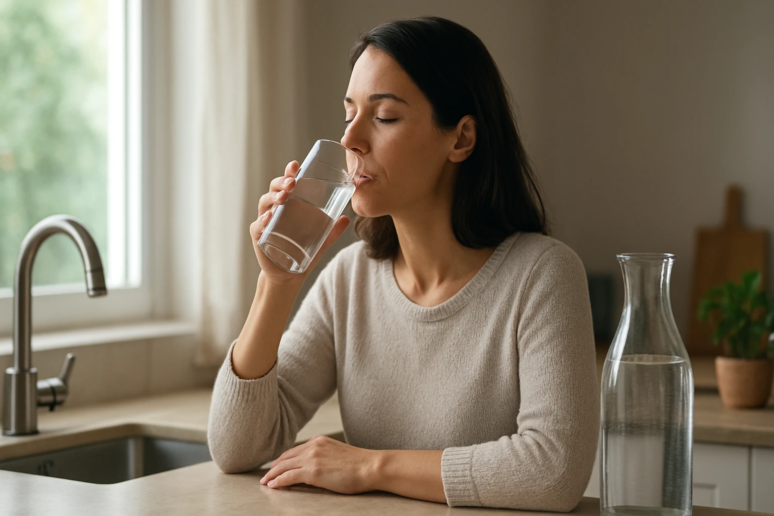 Žena pije liečivú vodu, ktorá prispieva k zdraviu a regenerácii.