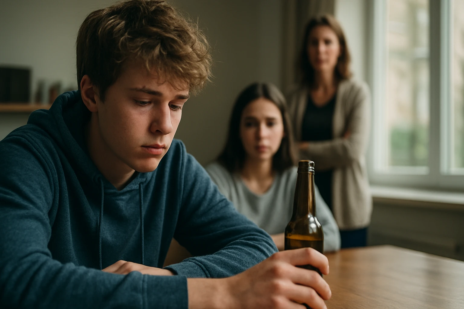 Mladý chlapec so sklopenou hlavou, sedí pri stole s fľaskou alkoholu, obklopený staršími osobami.