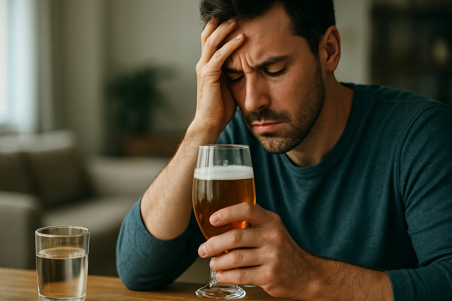 Muž s pohárom piva a starosťami o zdravie