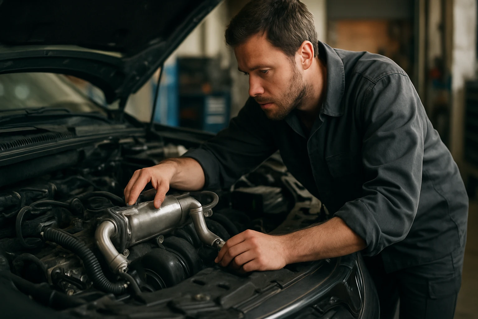 Mechanik kontroluje EGR chladič v automobile za účelom zlepšenia výkonu motora.