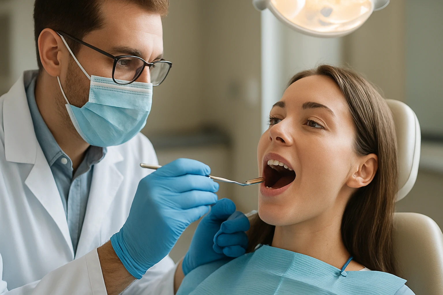 Zubný lekár vykonáva vyšetrenie pacienta v ordinácii.