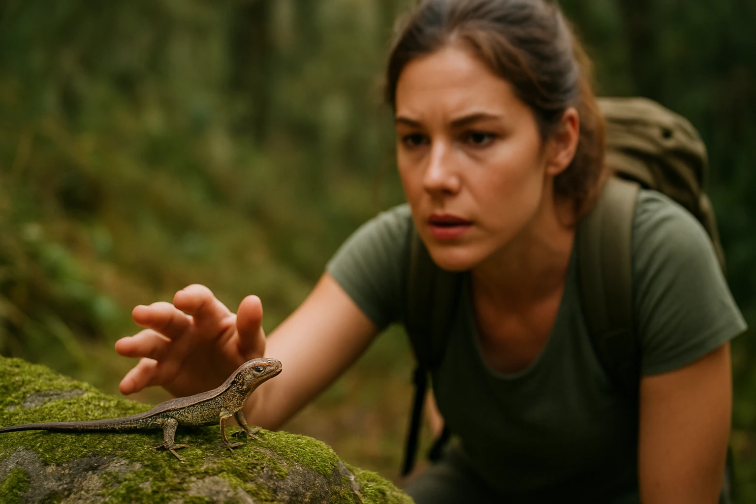Žena pri výskume jašterice v prírode na machu.