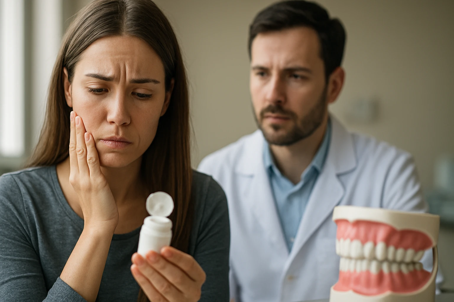 Žena s bolestivým zubom diskutuje o fluoride s zubárom.