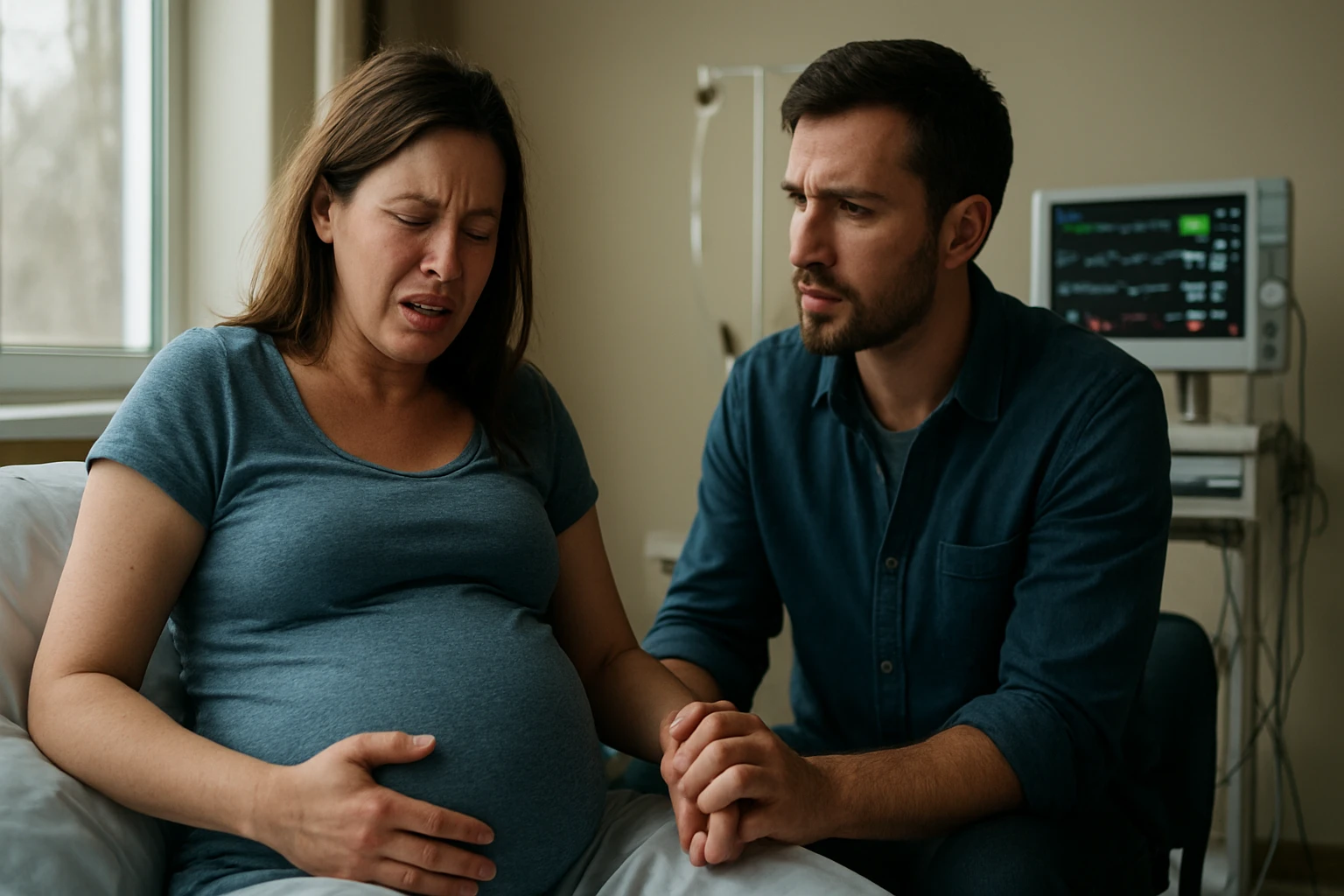 Pár v nemocnici počas pôrodu, ovplyvnení frontovými systémami.