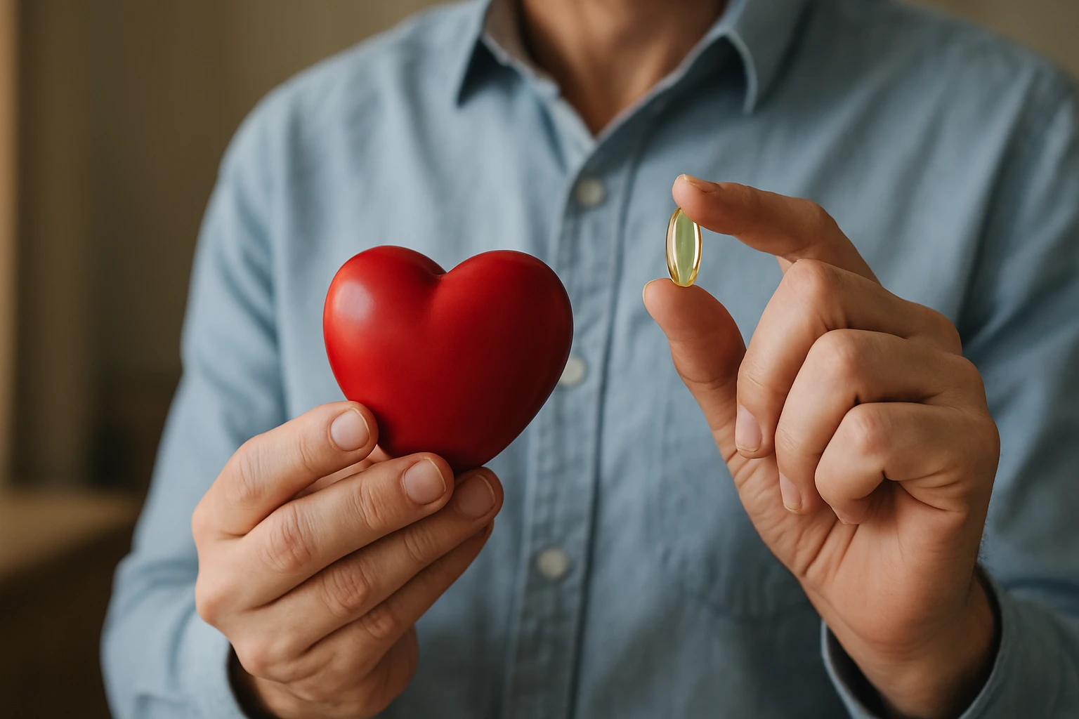 Osoba drži červené srdce a kapsulu koenzýmu Q10 na podporu zdravia srdca.