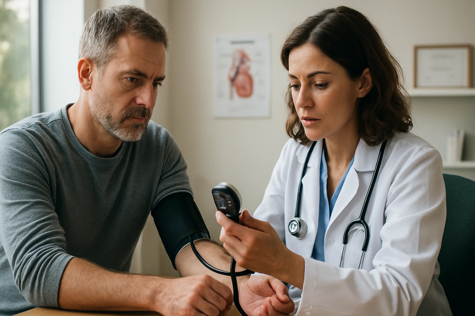 Lekár kontroluje krvný tlak pacienta počas vyšetrenia.