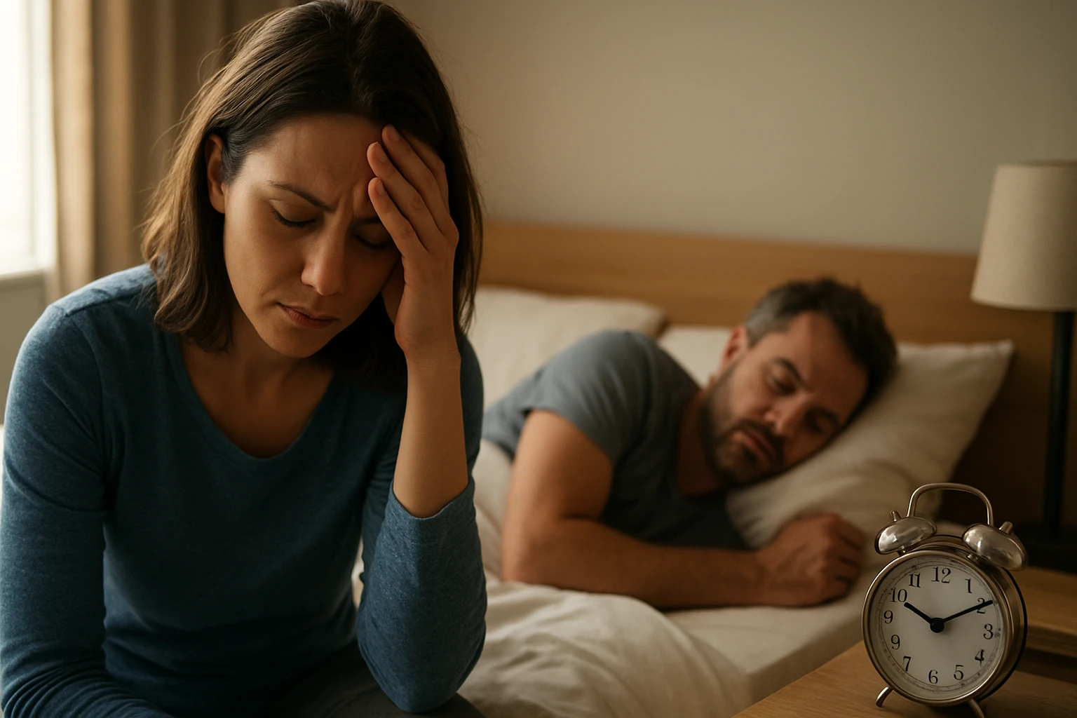 Žena s bolesťou hlavy a hodinami, muž spí na posteli