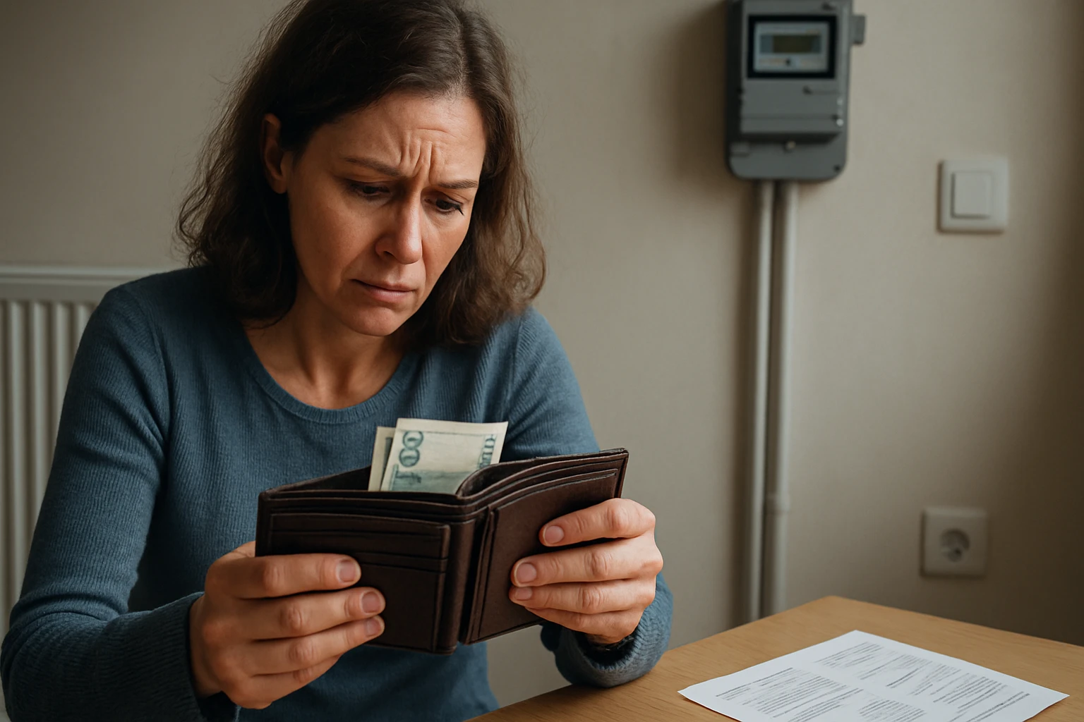 Žena s obavami kontroluje svoj peňaženkový obsah.
