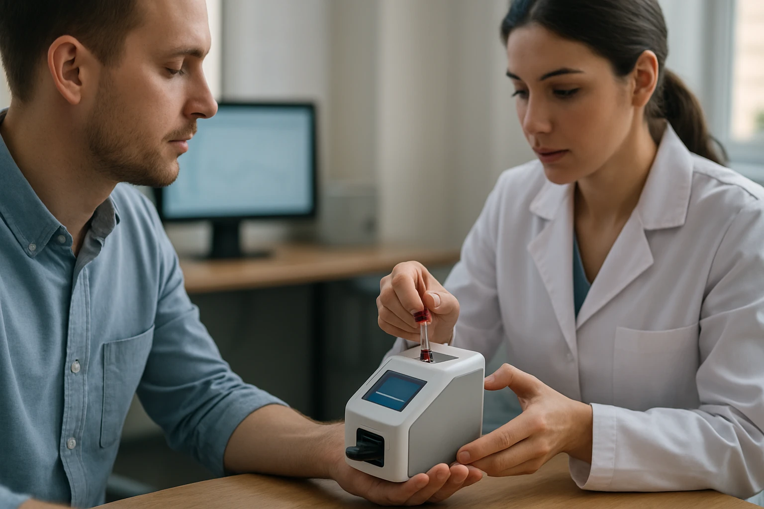 Žena používa detektor krvi na analýzu vzorky krvi pacienta.