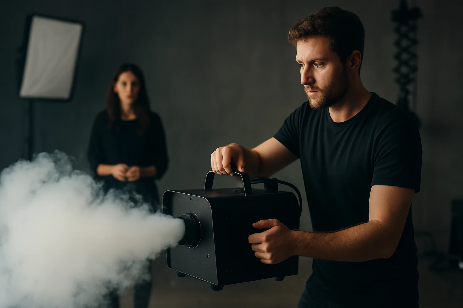 Muž obsluhuje dymostroj na akcii pre efekty