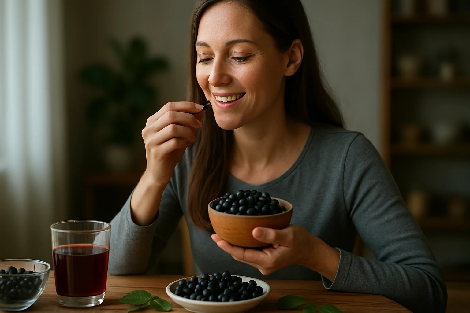 Žena si vychutnáva aróniu a jej zdravotné výhody.