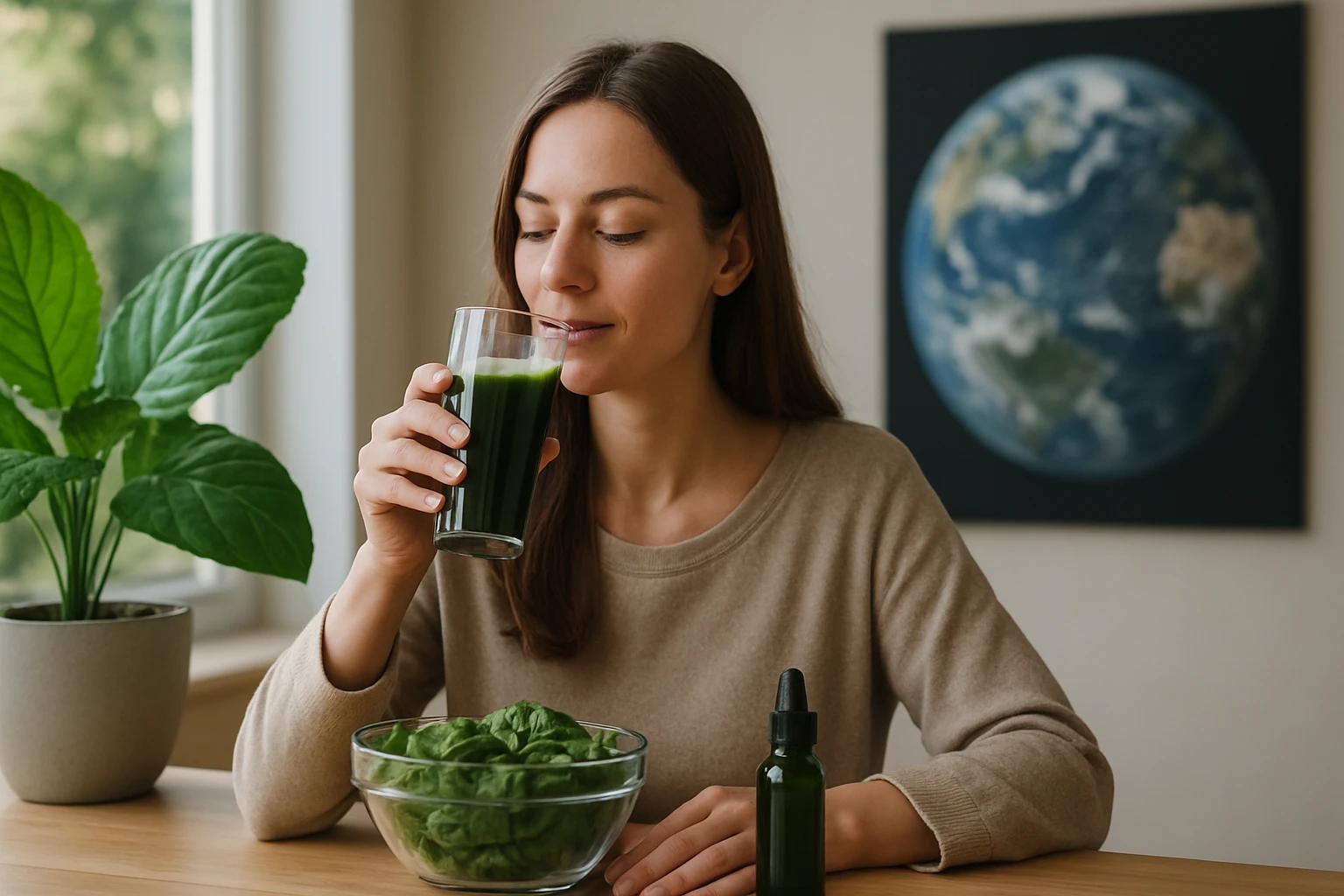 Žena pije zelený nápoj z chlorofylu vedľa misiek so špenátom.