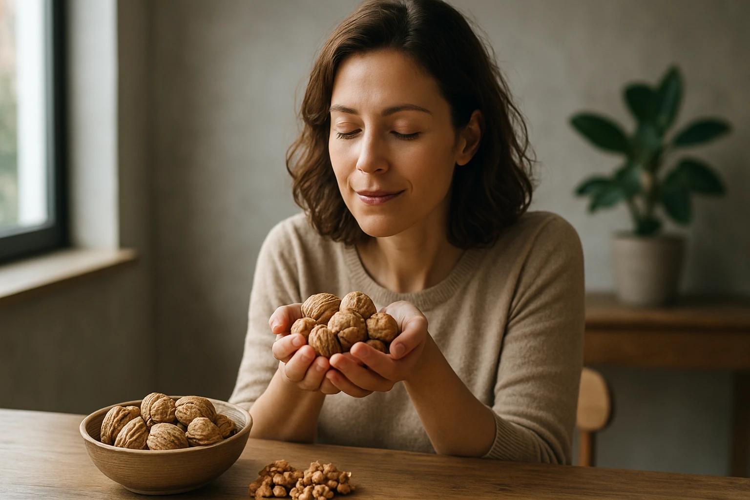 Žena si užíva orechy a ich zázračné vlastnosti pre zdravie.