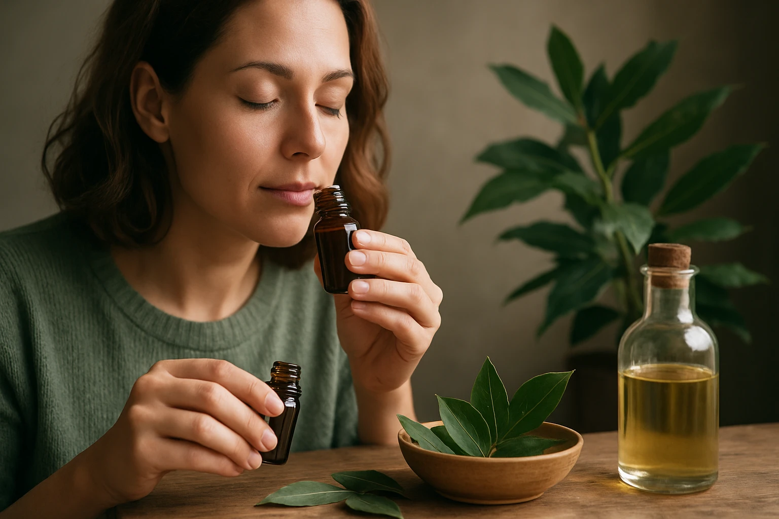 Žena inhaluje vavrínový olej, posilňuje zdravie a relaxáciu.