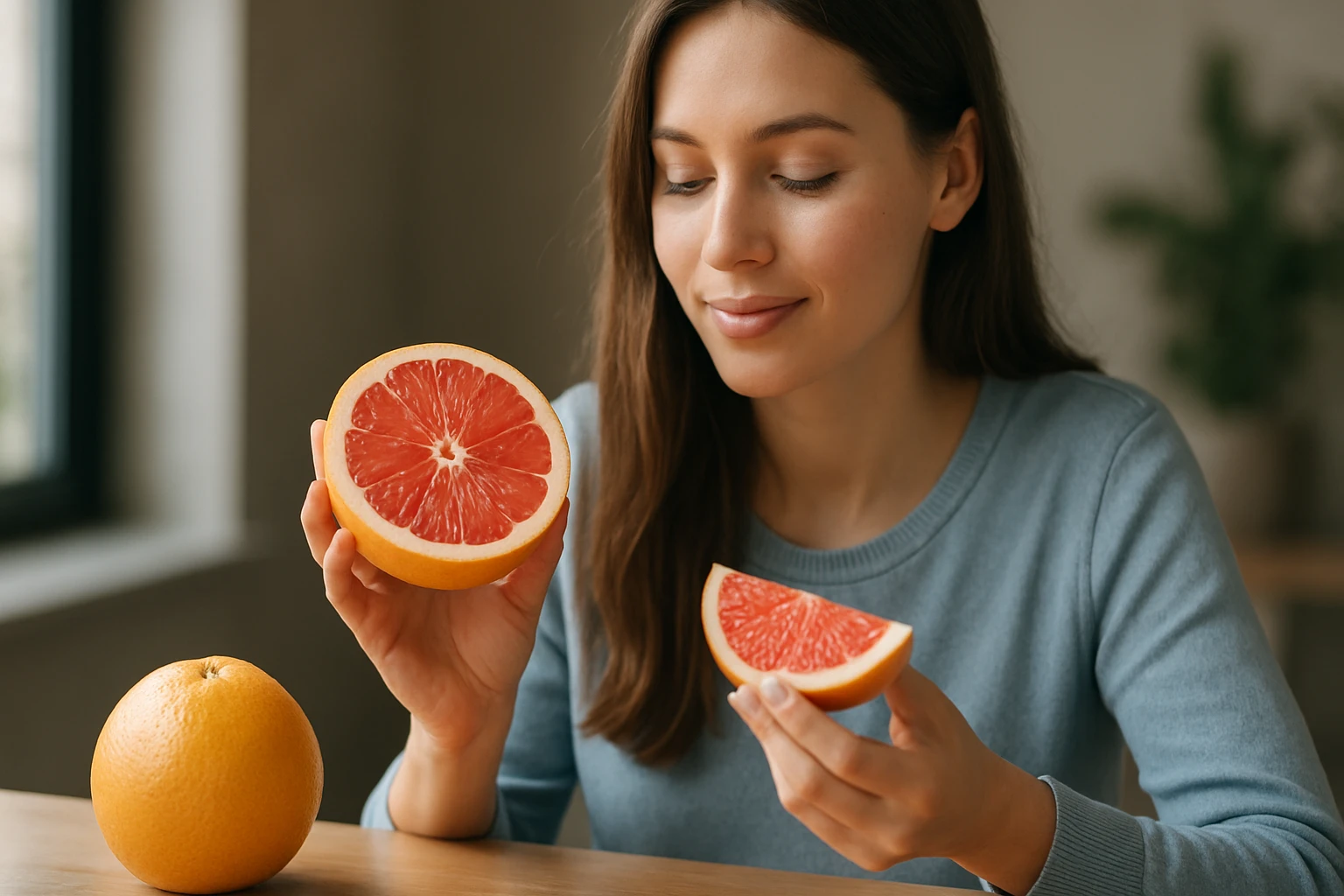 Žena s grapefruitem - zdravé citrusové ovocie