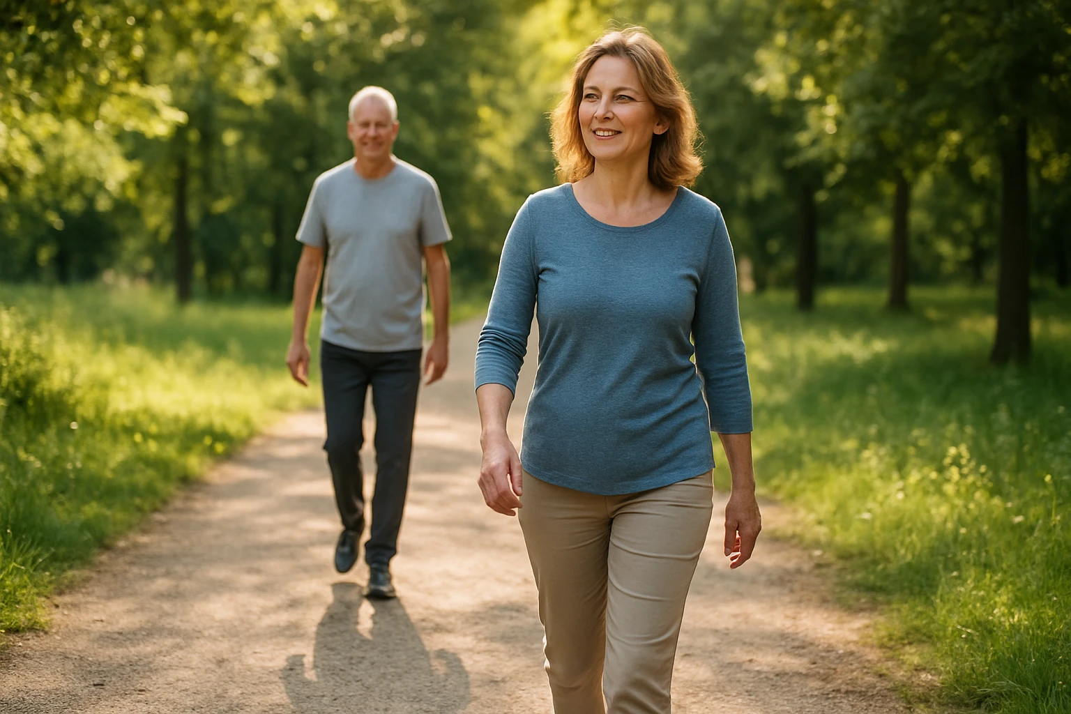 Dvaja ľudia užívajúci si chôdzu v prírode
