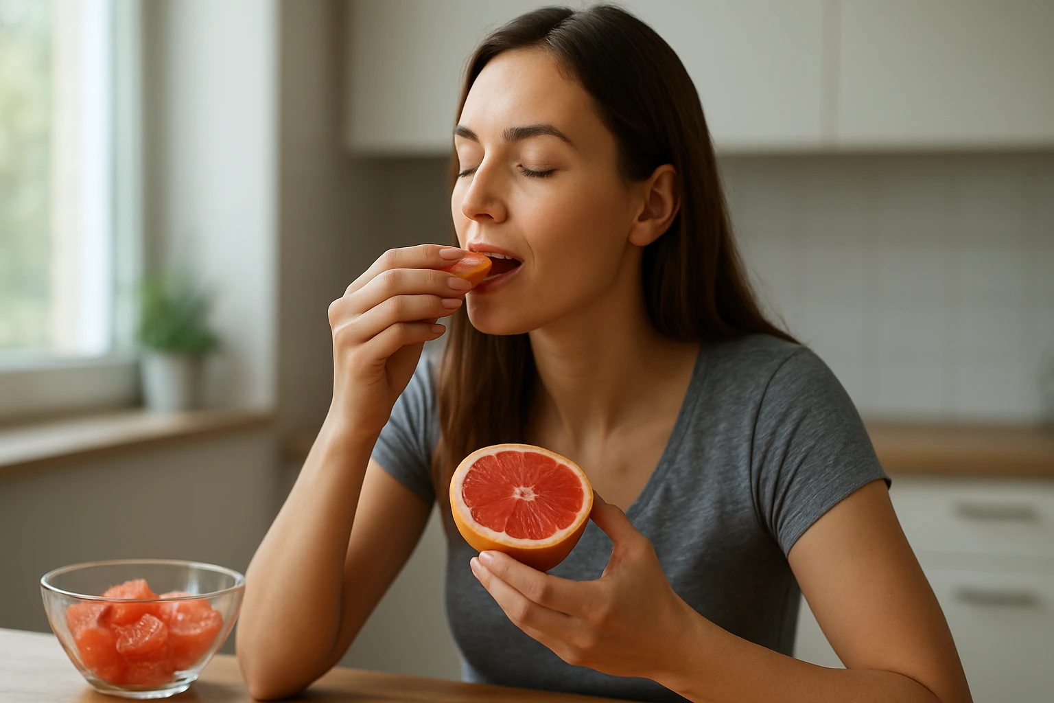 Žena si vychutnáva grapefruit pre zdravie a chudnutie.