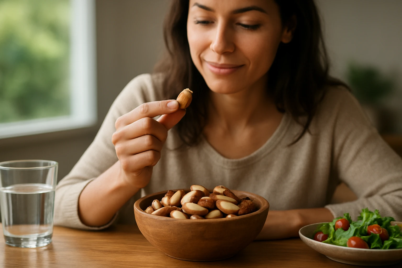 Žena si užíva brazílske orechy v miske so zeleninou