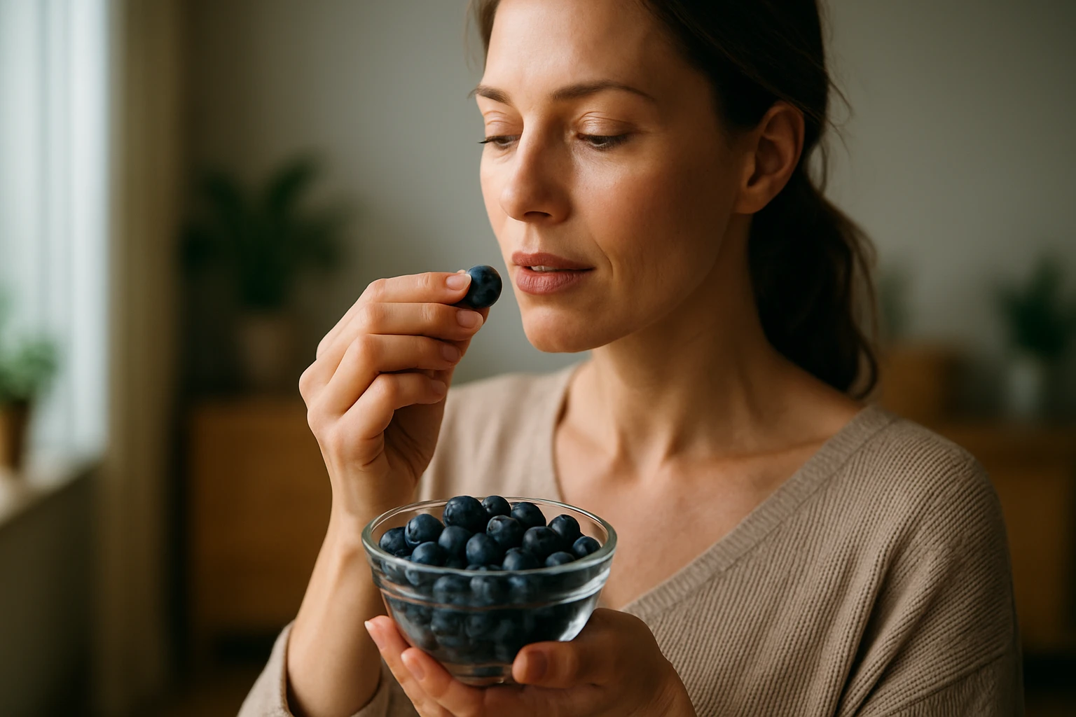 Žena vychutnáva čučoriedky z misky, symbol zdravého životného štýlu.