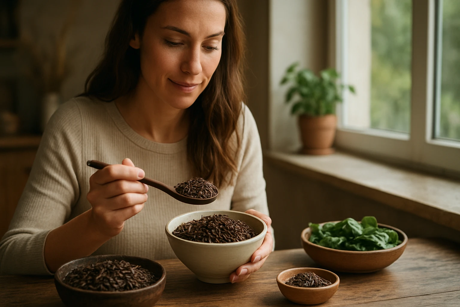 Žena s divej ryžou a zeleninou na stole v slnečnej kuchyni