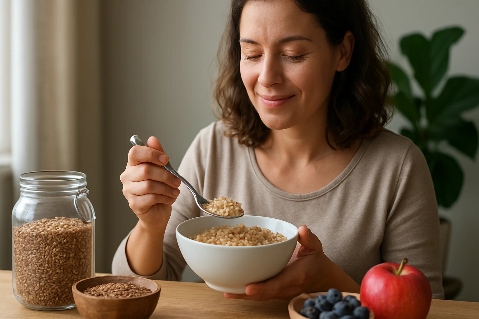 Žena vychutnávajúca si ľanové vločky so zdravou stravou.