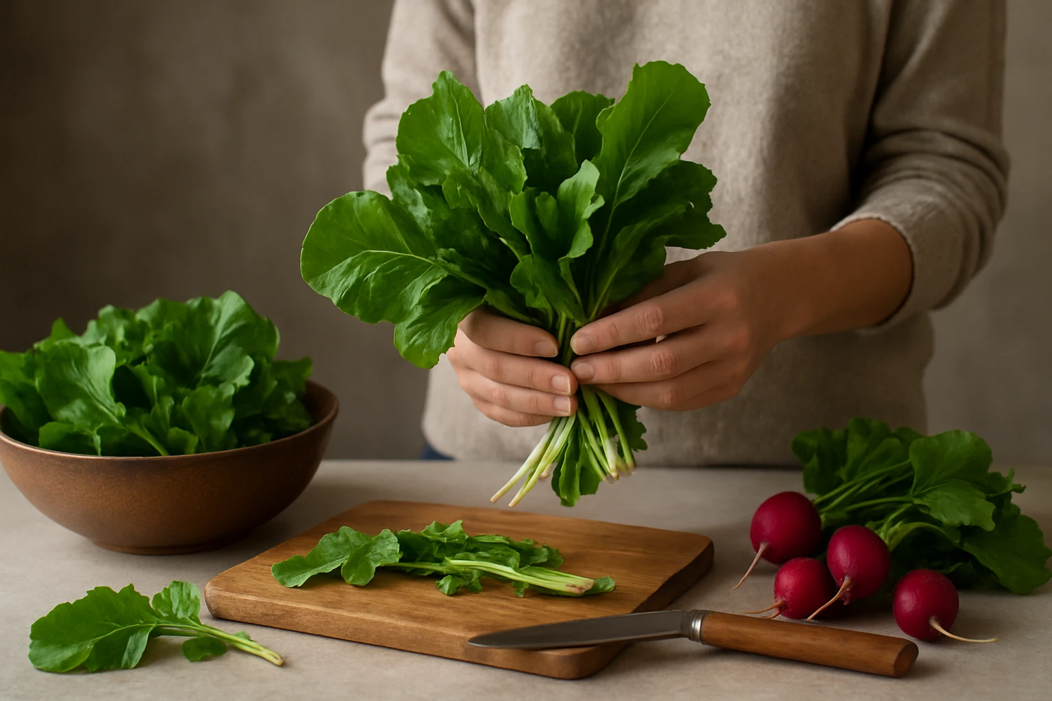 Čerstvé listy reďkovky pripravené na varenie a prípravu šalátov.