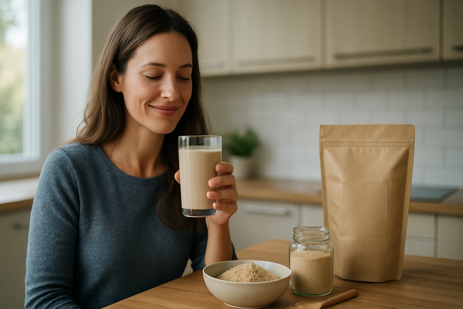 Žena si vychutnáva maca prášok v forme smoothie pri stole.