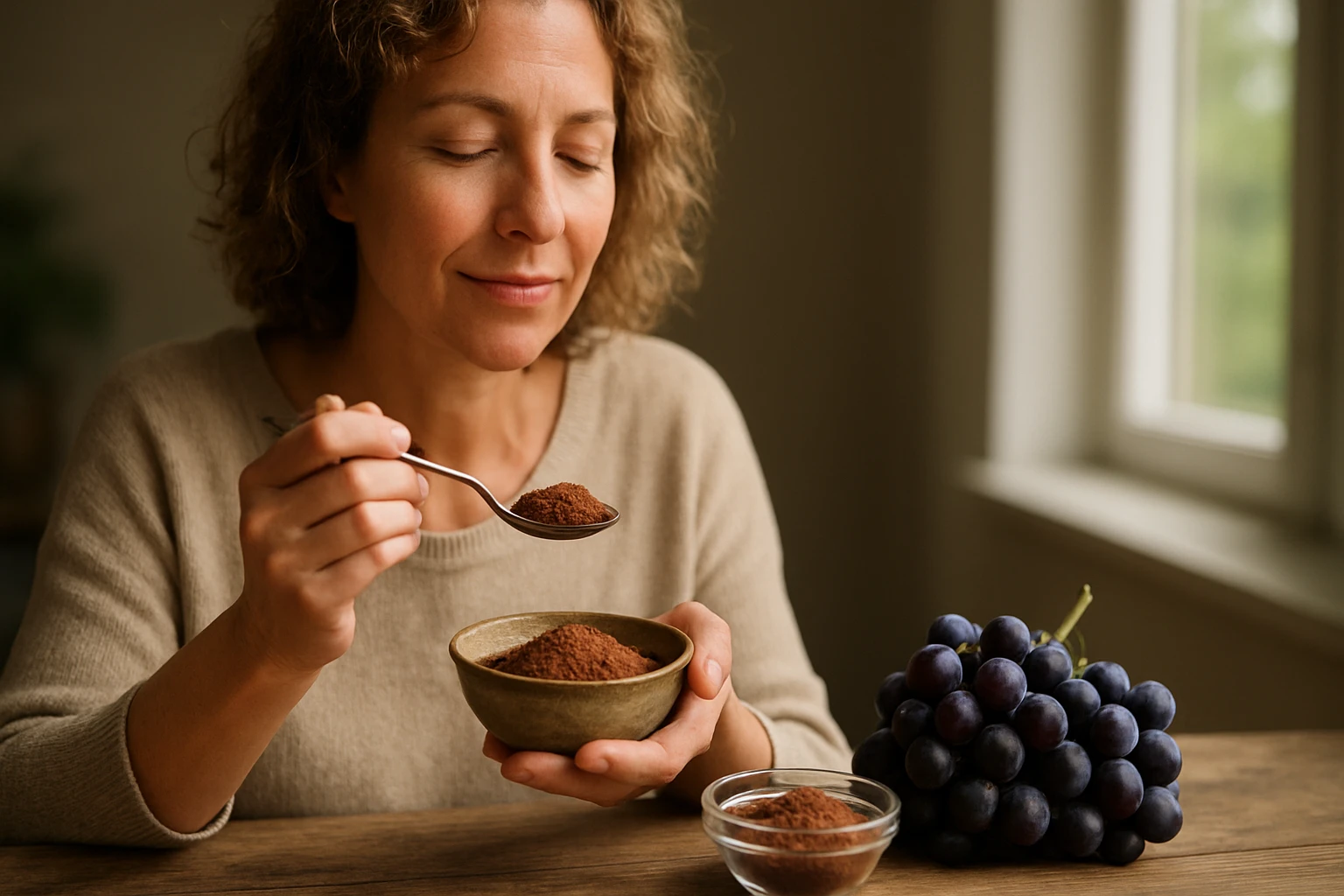 Žena s mletými hroznovými jadrami a čerstvým hroznom.