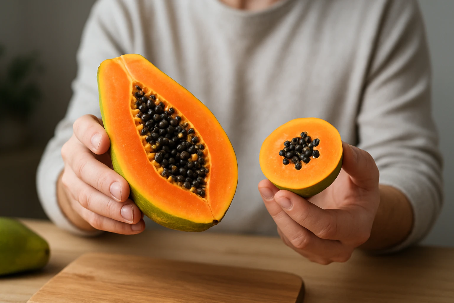 Osoba drží nakrájanú papáju a jej kúsok, bohatú na živiny.