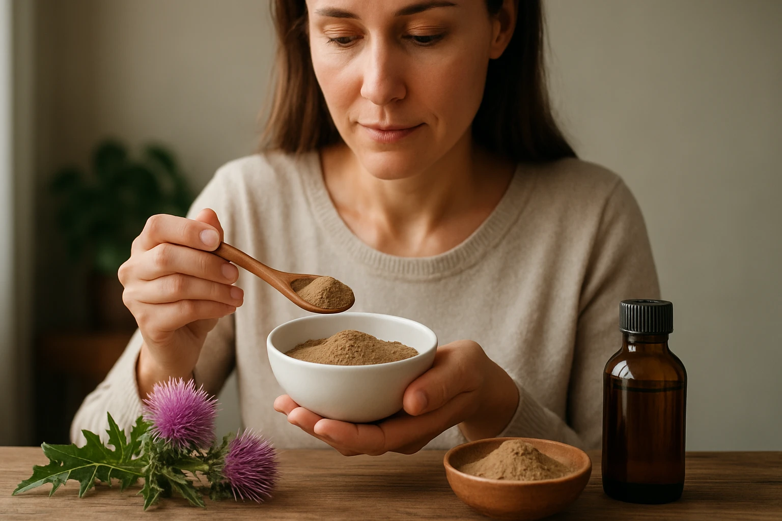 Žena s práškom z pestreca mariánskeho a bylinkami