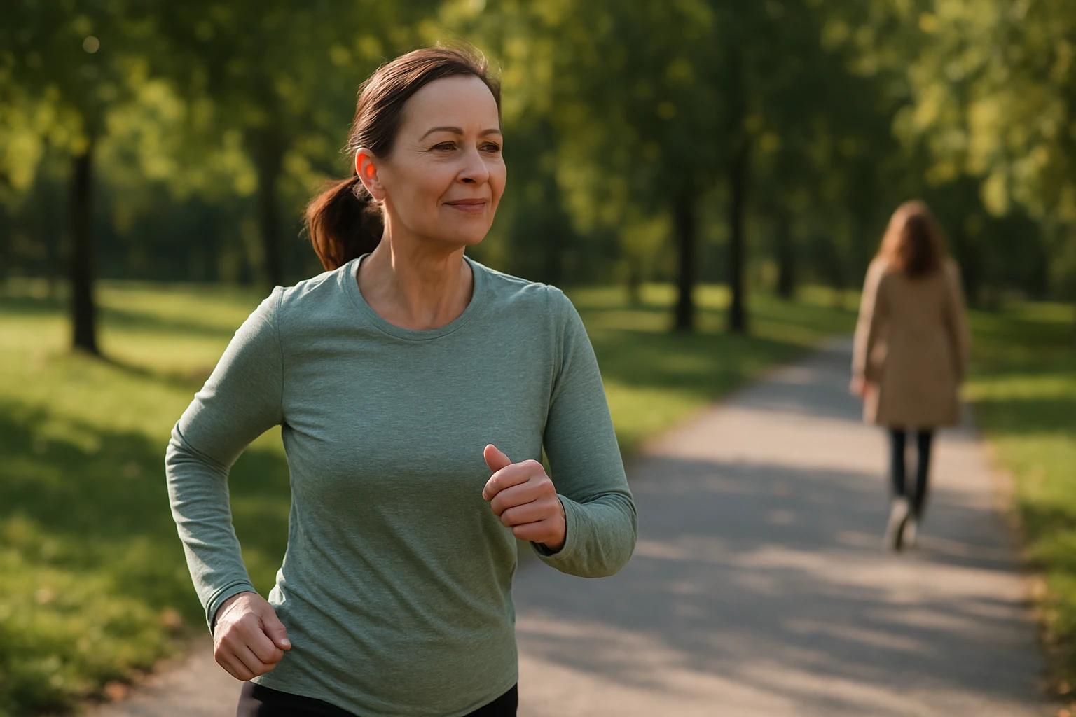 Žena cvičí rýchlu chôdzu v parku na zlepšenie zdravia