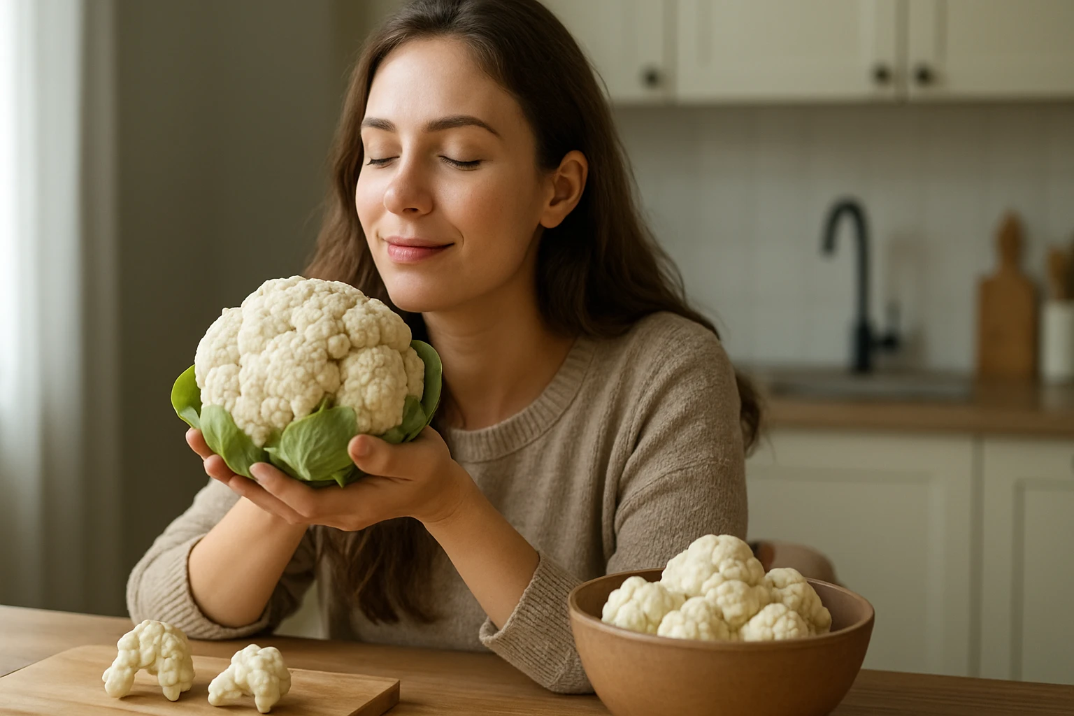Žena s karfiolom a jeho kúsky v kuchyni, vyjadruje radosť z čerstvého jedla.