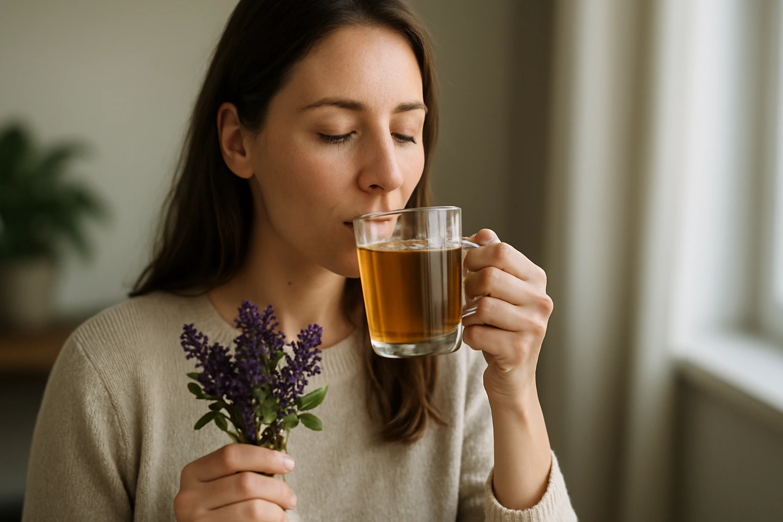 Žena s trnkovými kvetmi a čajom, symbol zdravého životného štýlu.