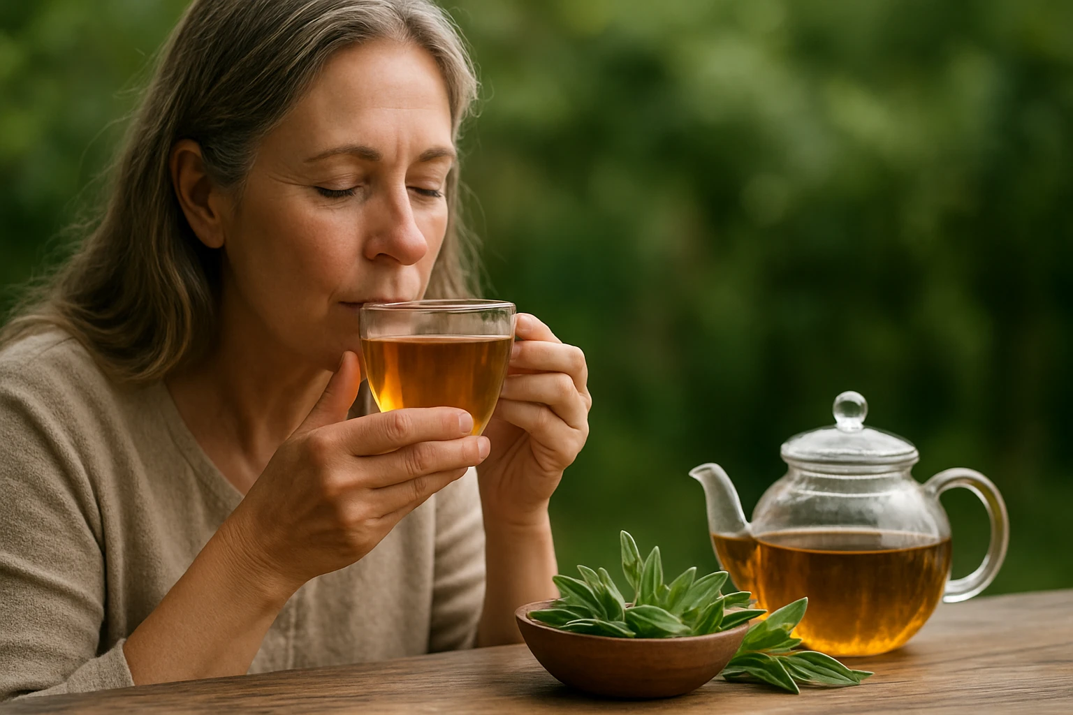 Žena vychutnáva šalviový čaj, podporujúci zdravie a pohodu.