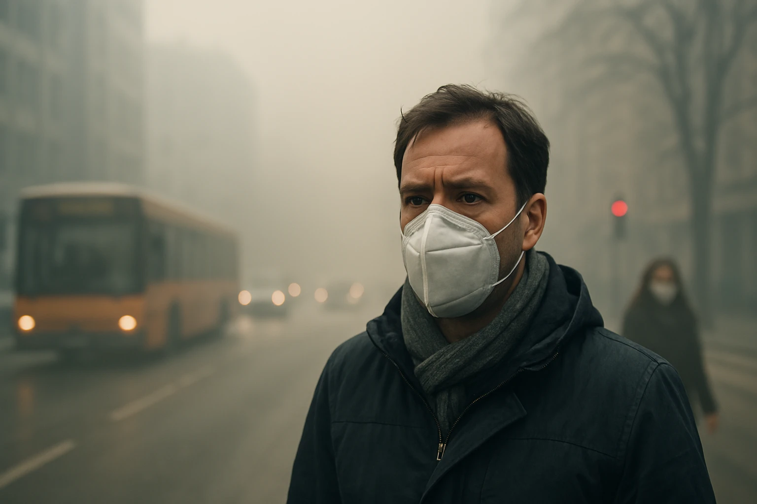 Muž s ochrannou maskou v zakadenej mestskej oblasti počas smogu.